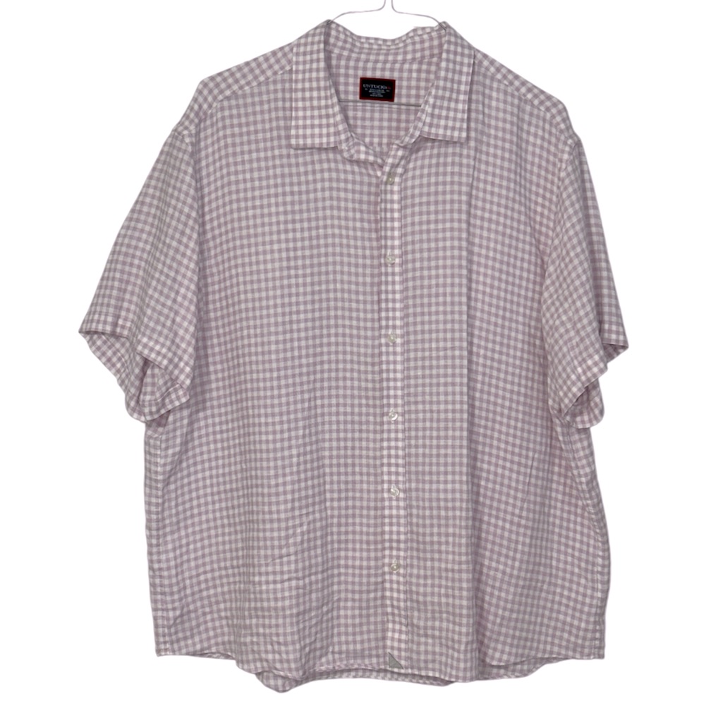 Untuckit Size Xxx-Large Purple And White Gingham 100% Linen Short Sleeve Shirt